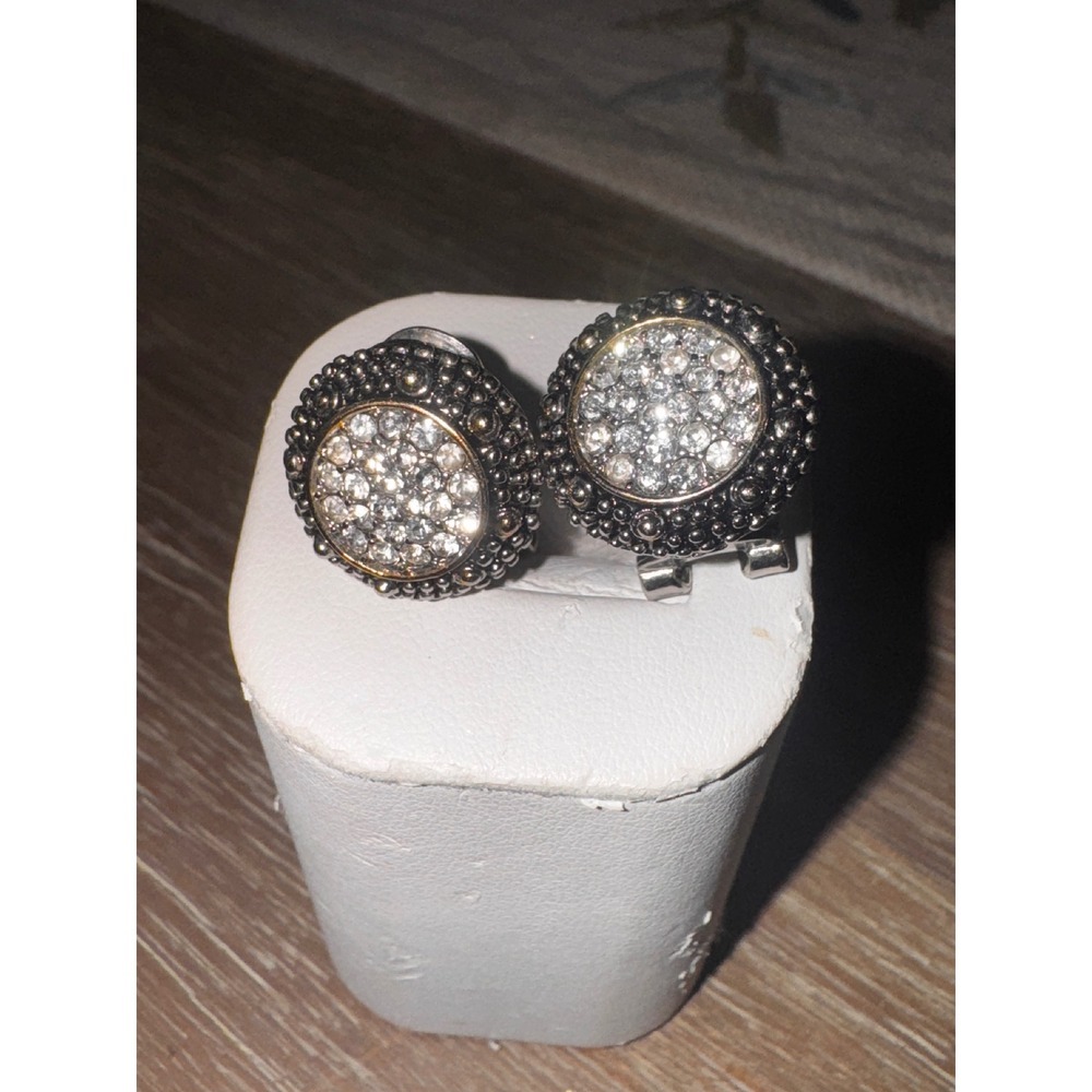 Sparkling Round Stud Earrings Crystal Embellished Silver Tone Beaded Border